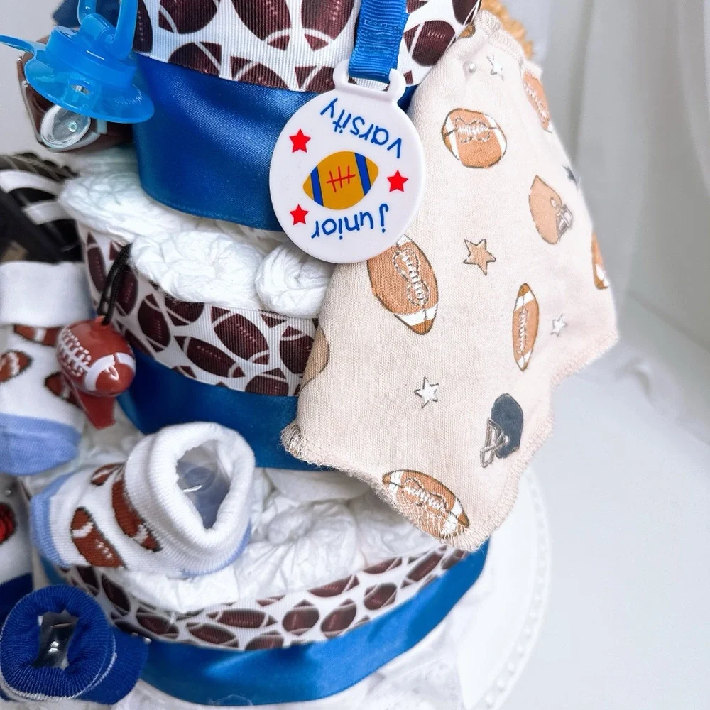 Football Themed Diaper Cake with Teddy Bear, Baby shower gift